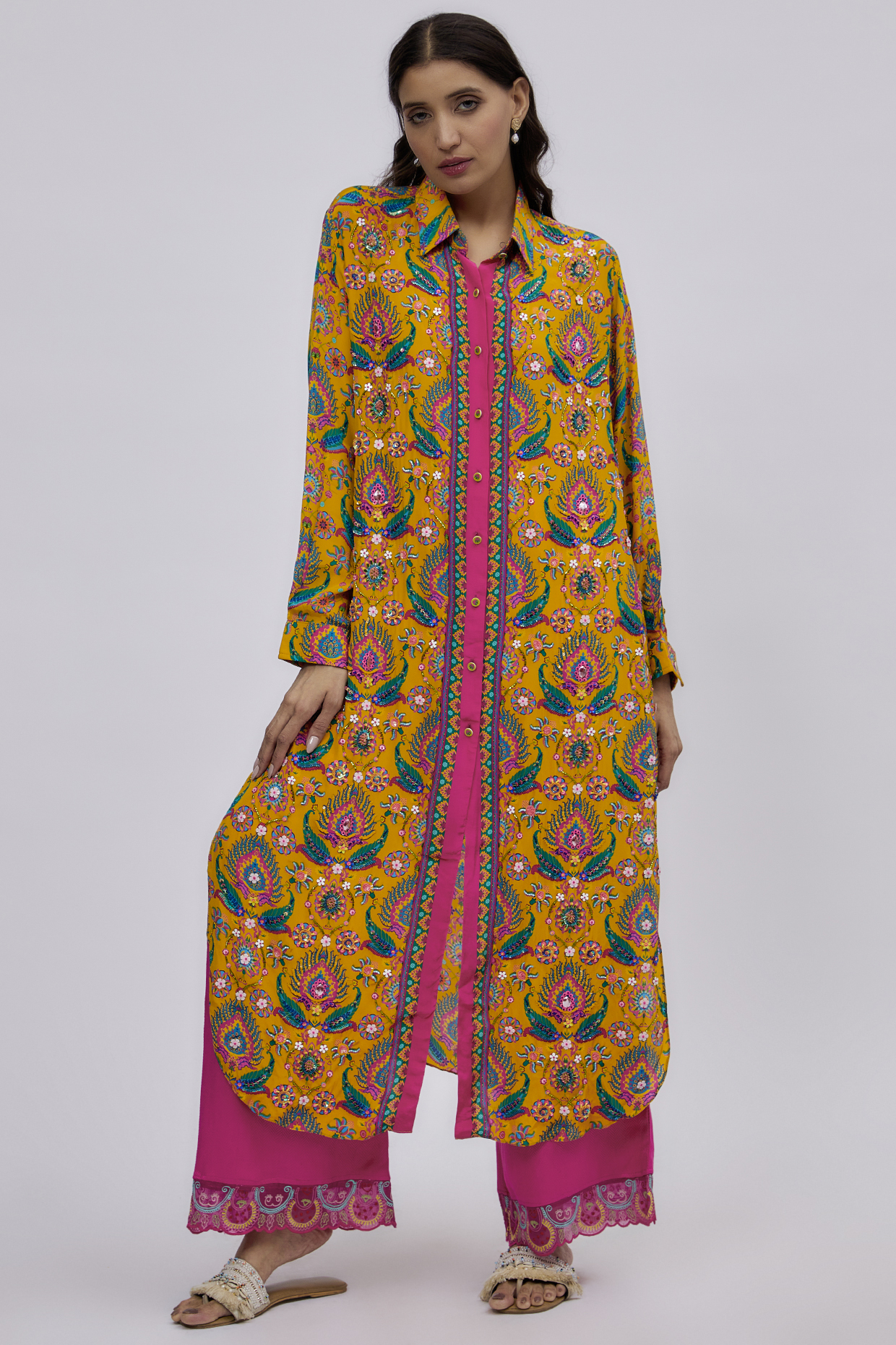 Yellow Pure Crepe & Textured Viscose Printed Tunic Set by SIDDHARTHA BANSAL at Pernia's Pop Up Shop