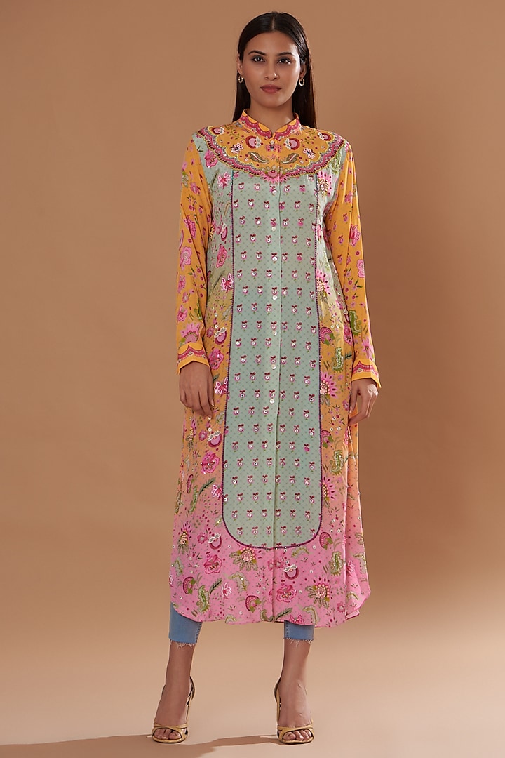 Pink & Mint Pure Crepe Printed & Embroidered Tunic by SIDDHARTHA BANSAL