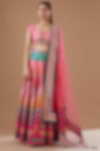 Royal Pink Dupion & Net Striped Digital Printed Lehenga Set by SIDDHARTHA BANSAL