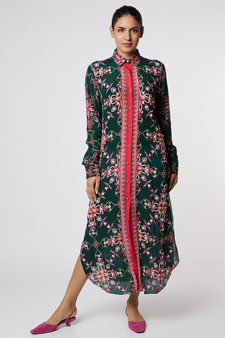 Green & Pink Digital Printed Shirt Dress by SIDDHARTHA BANSAL