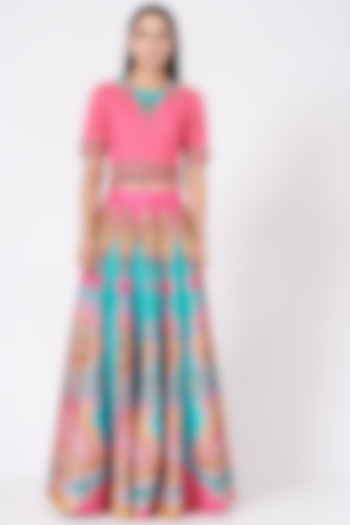 Pink & Blue Digital Printed Skirt Set by SIDDHARTHA BANSAL
