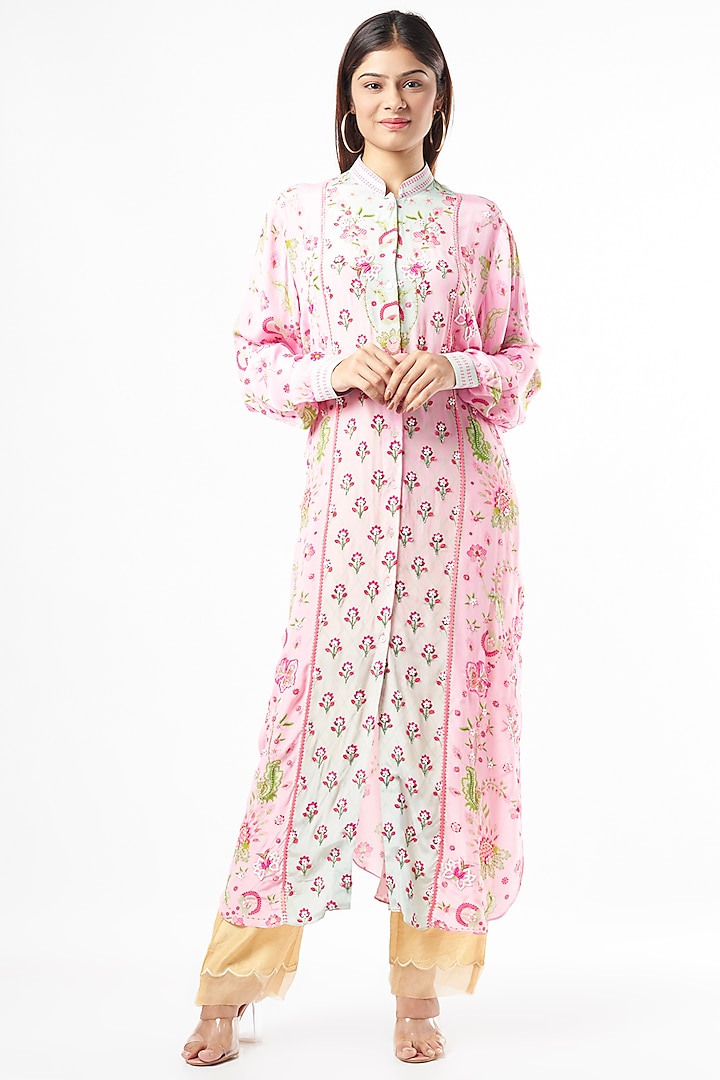 Soft Pink & Mint Blue Printed Shirt Dress by Siddhartha Bansal