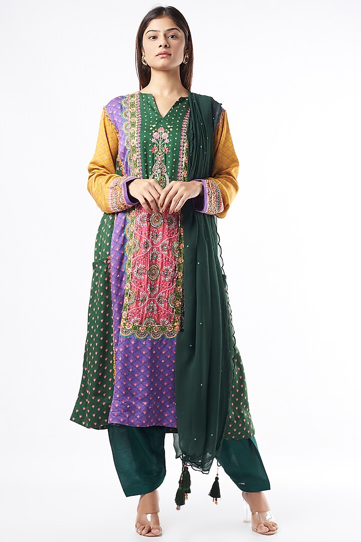 Green & Purple Printed Kurta Set by Siddhartha Bansal