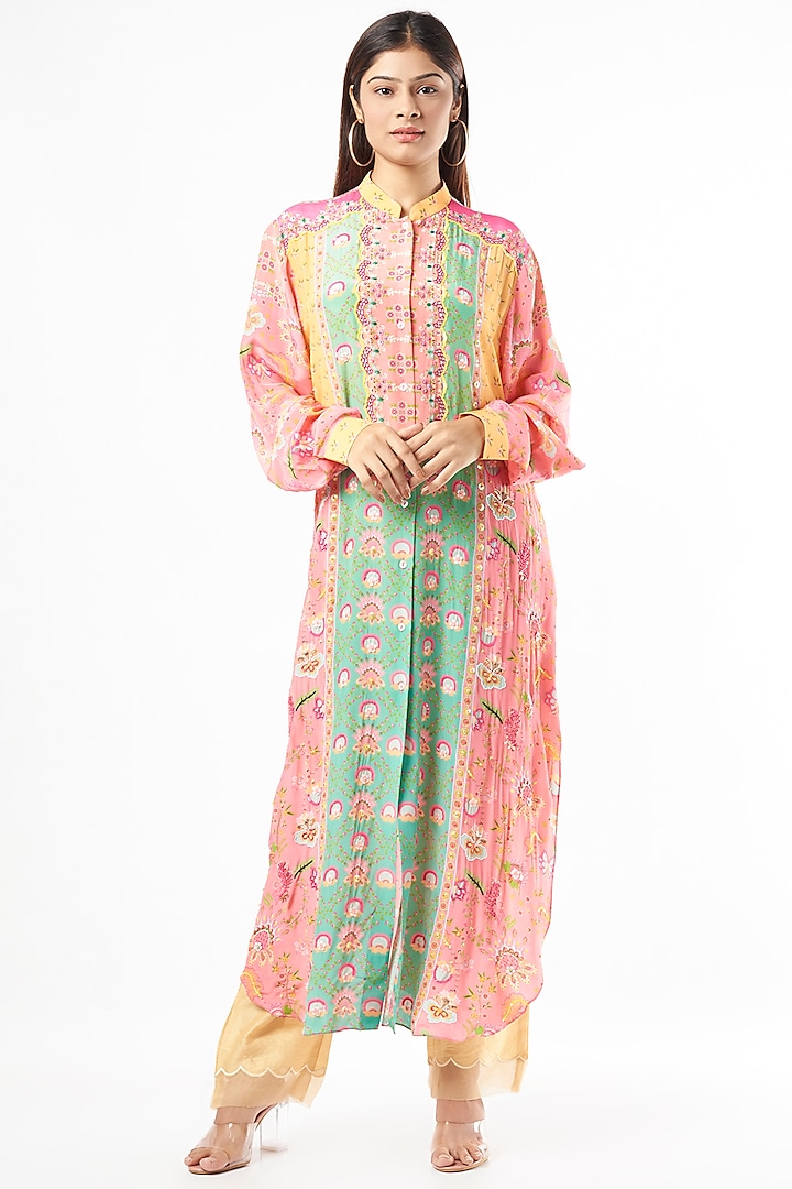 Peach & Yellow Printed Shirt Dress by Siddhartha Bansal