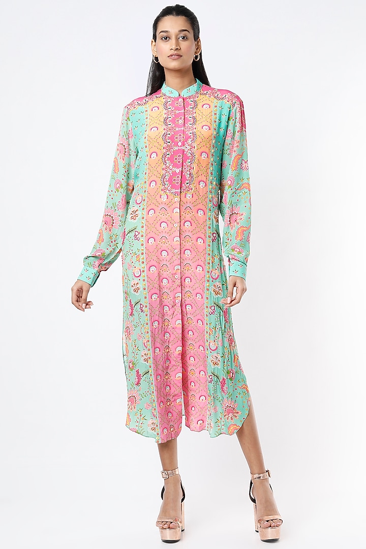 Sea Green & Pink Digital Printed Shirt Dress by SIDDHARTHA BANSAL