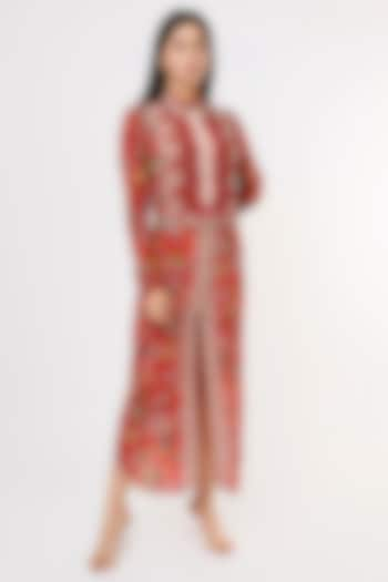 Red Crepe Printed & Embroidered Tunic by SIDDHARTHA BANSAL at Pernia's Pop Up Shop