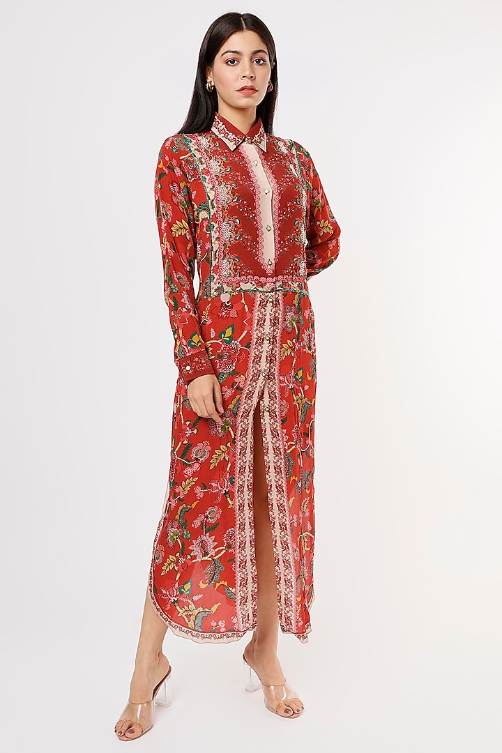 Red Crepe Printed & Embroidered Tunic by SIDDHARTHA BANSAL at Pernia's Pop Up Shop