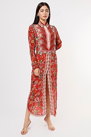 Red Crepe Printed & Embroidered Tunic by SIDDHARTHA BANSAL