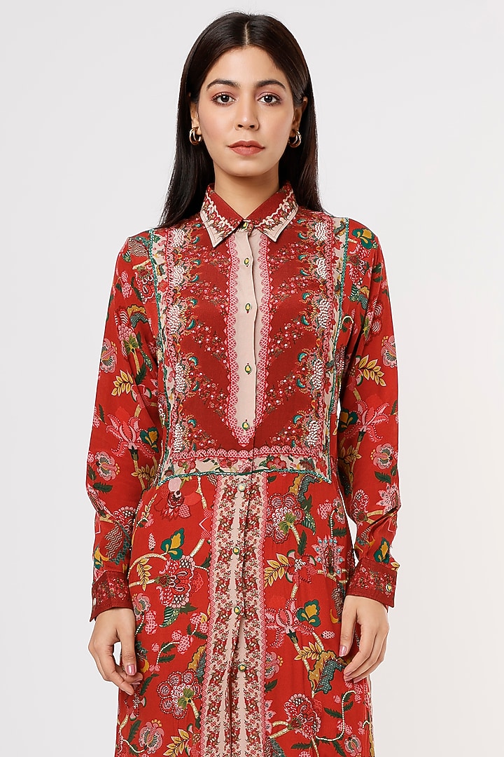 Red Crepe Printed & Embroidered Tunic by SIDDHARTHA BANSAL at Pernia's Pop Up Shop