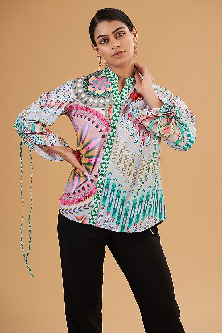 Green Cotton Poplin 3D Floral Embroidered & Digital Printed Shirt by SIDDHARTHA BANSAL at Pernia's Pop Up Shop