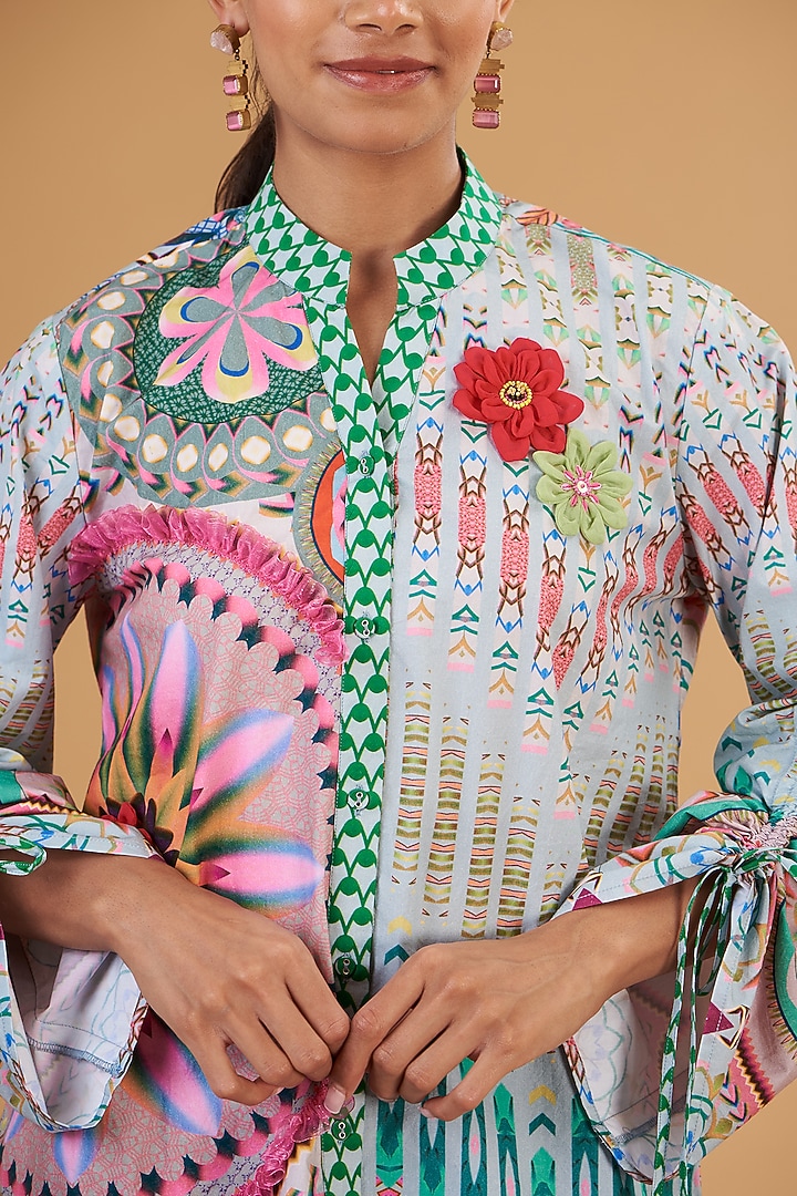 Green Cotton Poplin 3D Floral Embroidered & Digital Printed Shirt by SIDDHARTHA BANSAL at Pernia's Pop Up Shop