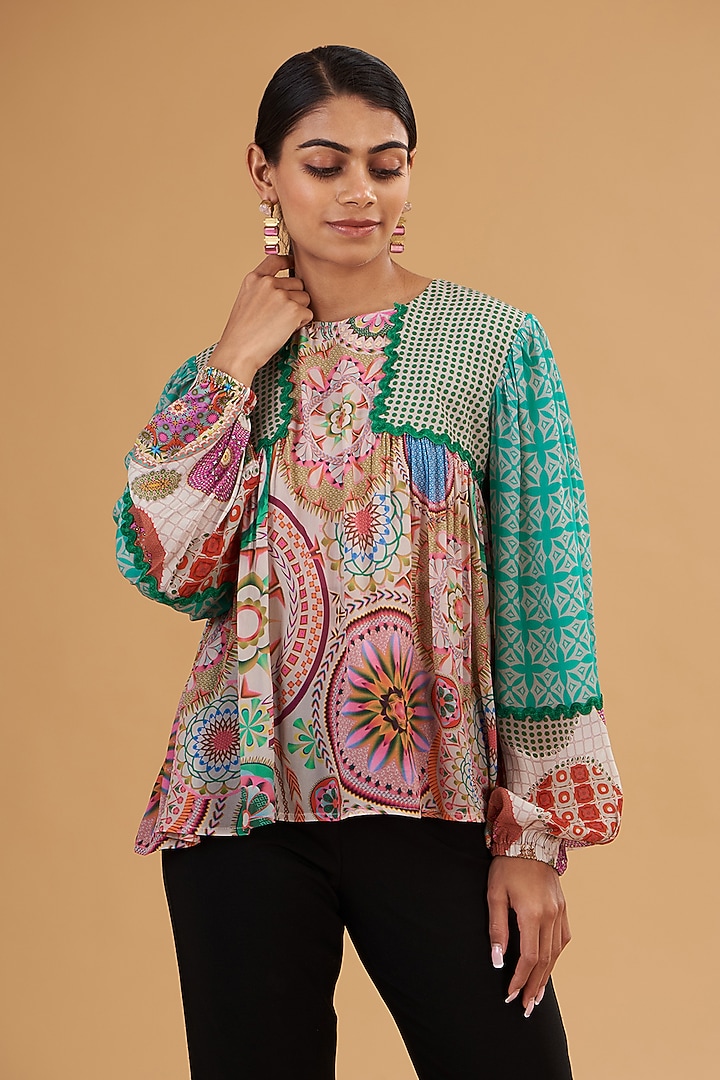 Green & Pink Pure Crepe Digital Printed Shirt by SIDDHARTHA BANSAL at Pernia's Pop Up Shop