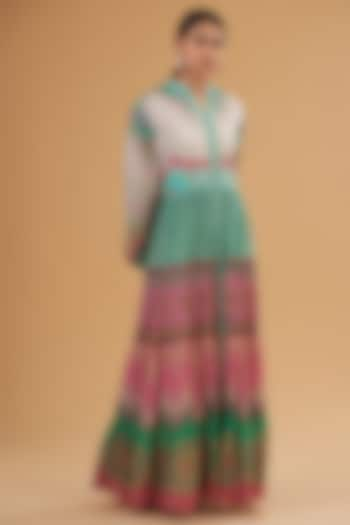 Green & Pink Pure Crepe Digital Printed Tiered Dress by SIDDHARTHA BANSAL