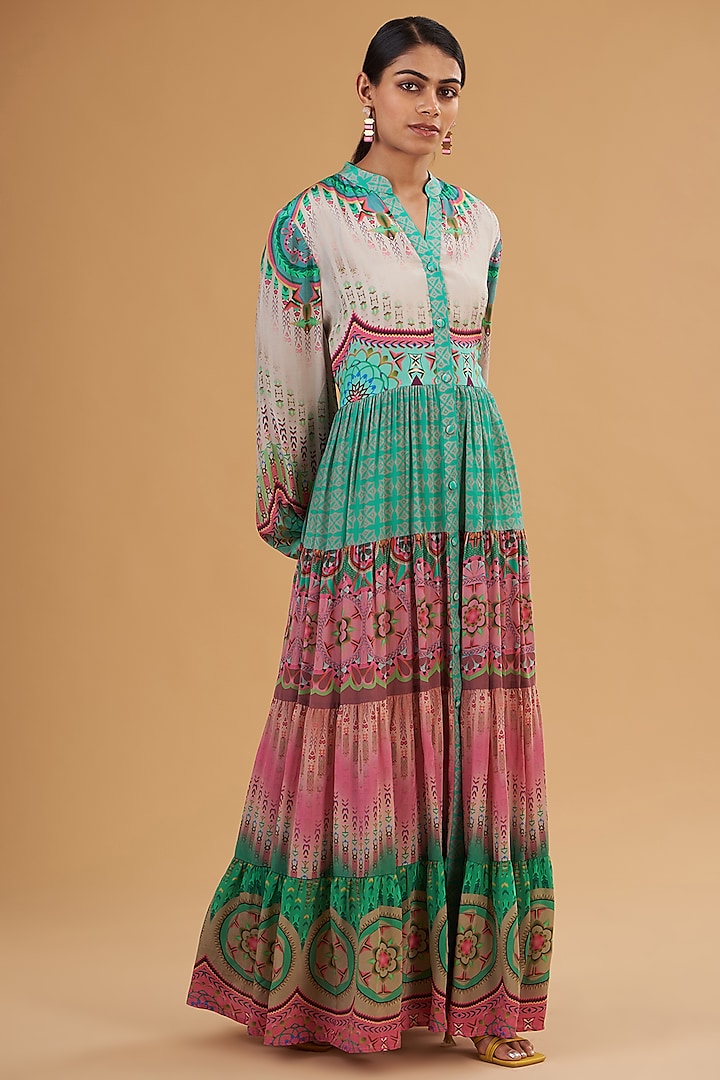 Green & Pink Pure Crepe Digital Printed Tiered Dress by SIDDHARTHA BANSAL