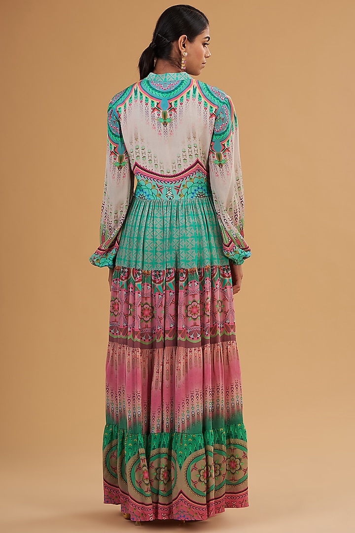 Green & Pink Pure Crepe Digital Printed Tiered Vacation Dress by SIDDHARTHA BANSAL at Pernia's Pop Up Shop