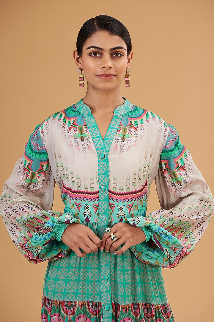 Green & Pink Pure Crepe Digital Printed Tiered Vacation Dress by SIDDHARTHA BANSAL at Pernia's Pop Up Shop