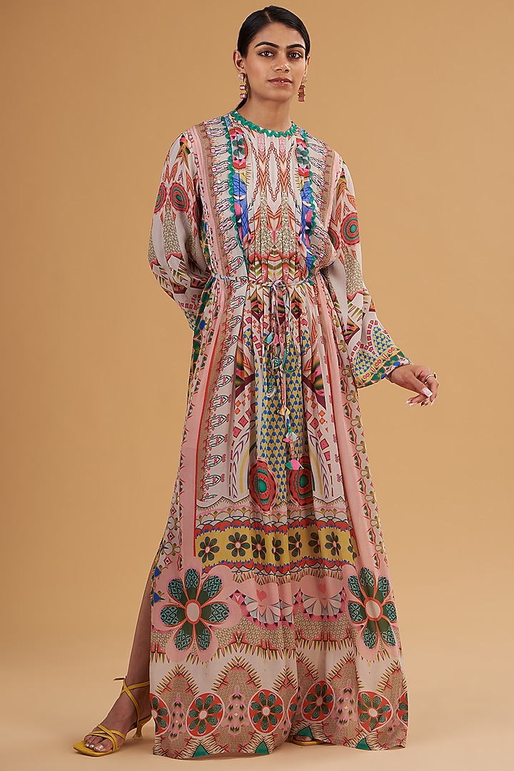 Multi-Colored Pure Crepe Sequins Embroidered & Digital Printed Kaftan Dress by SIDDHARTHA BANSAL