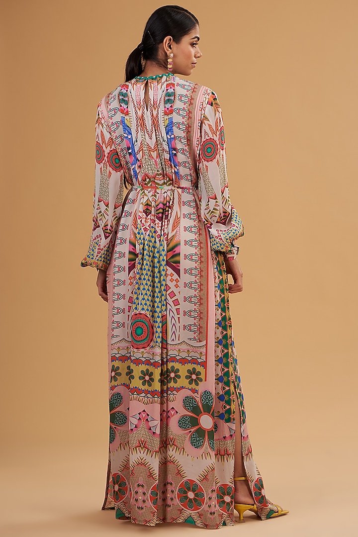 Multi-Colored Pure Crepe Sequins Embroidered & Digital Printed Kaftan Vacation Dress by SIDDHARTHA BANSAL at Pernia's Pop Up Shop