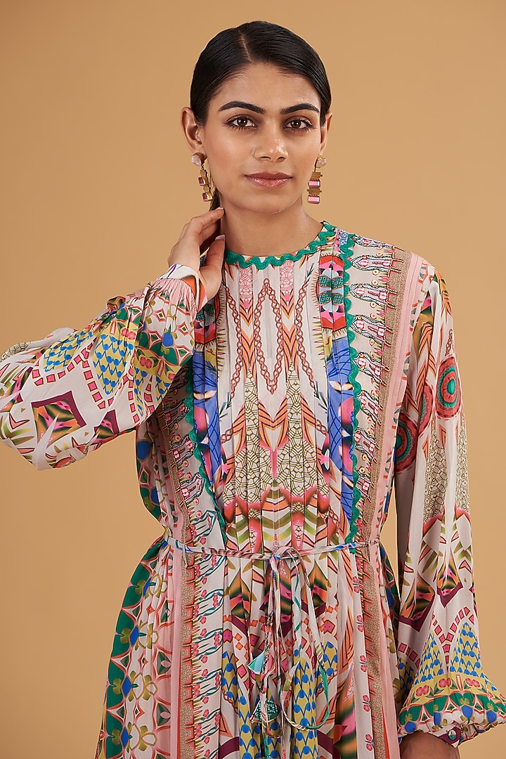 Multi-Colored Pure Crepe Sequins Embroidered & Digital Printed Kaftan Vacation Dress by SIDDHARTHA BANSAL at Pernia's Pop Up Shop