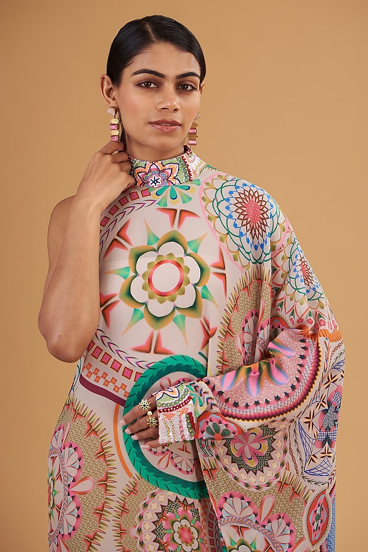 Multi-Colored Pure Crepe Sequins Embroidered & Digital Printed One-Shoulder Vacation Dress by SIDDHARTHA BANSAL at Pernia's Pop Up Shop
