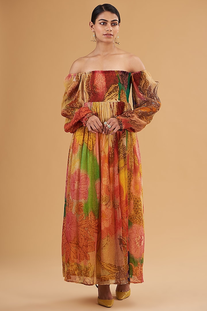 Multi-Colored Chiffon Digital Printed Off-Shoulder Dress by SIDDHARTHA BANSAL