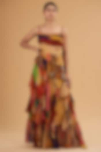 Multi-Colored Chiffon Digital Printed Ruffled Dress by SIDDHARTHA BANSAL