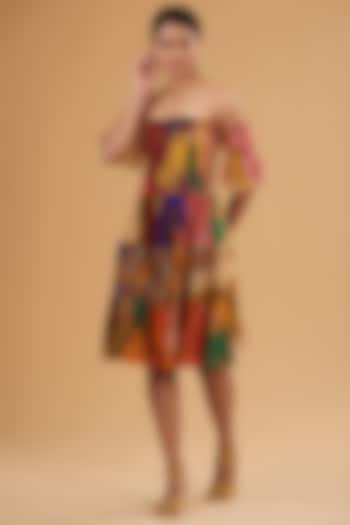 Multi-Colored Chiffon Digital Printed Off-Shoulder Dress by SIDDHARTHA BANSAL