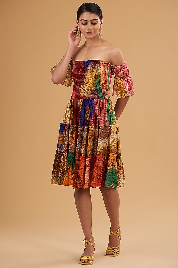 Multi-Colored Chiffon Digital Printed Off-Shoulder Dress by SIDDHARTHA BANSAL