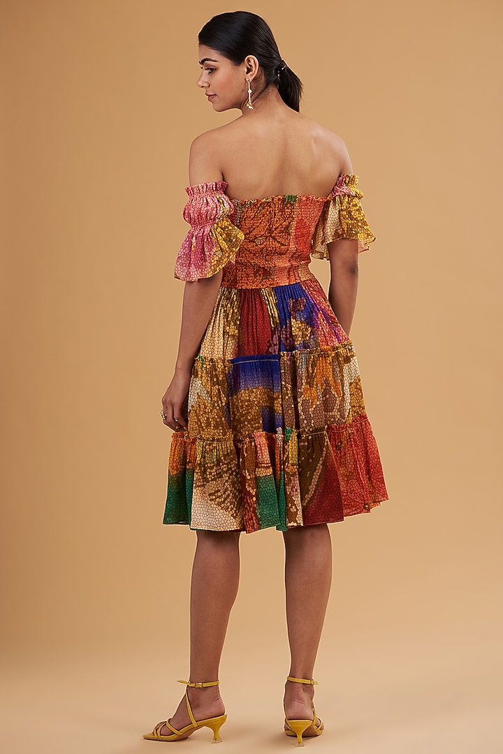 Multi-Colored Chiffon Digital Printed Off-Shoulder Vacation Dress by SIDDHARTHA BANSAL at Pernia's Pop Up Shop