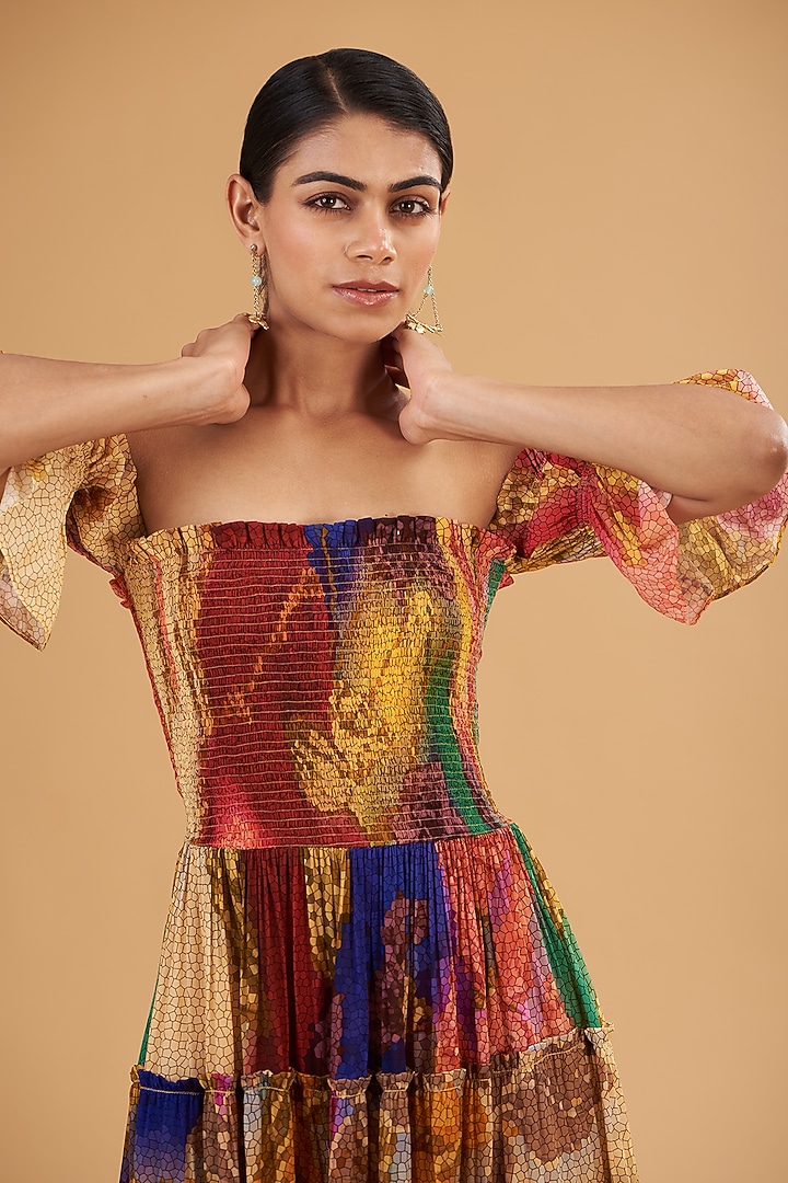 Multi-Colored Chiffon Digital Printed Off-Shoulder Vacation Dress by SIDDHARTHA BANSAL at Pernia's Pop Up Shop