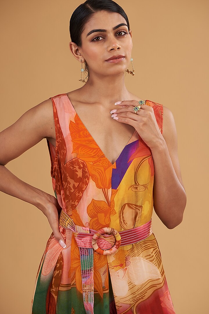 Multi-Colored Pure Crepe Digital Printed Jumpsuit With Belt by SIDDHARTHA BANSAL at Pernia's Pop Up Shop