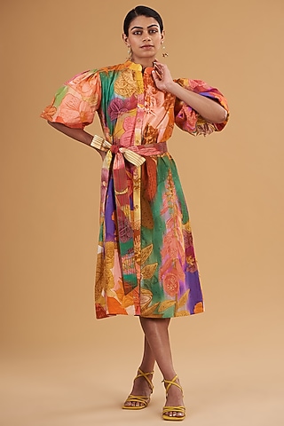 Multi-Colored Cotton Digital Printed Midi Dress by SIDDHARTHA BANSAL