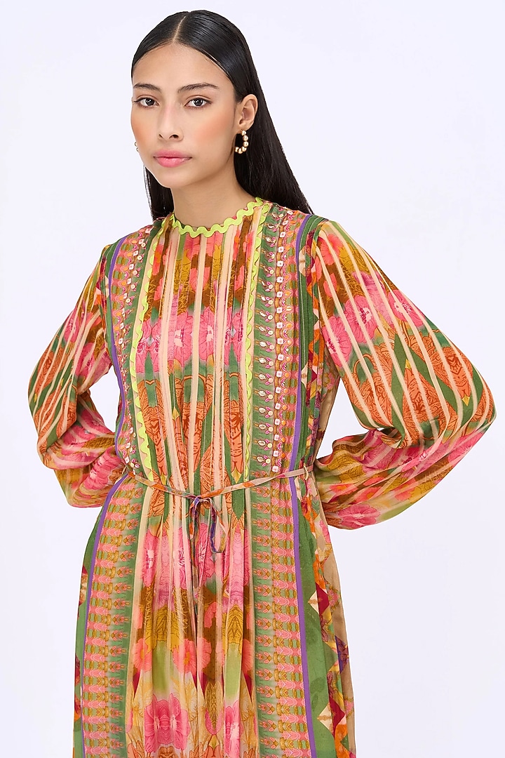 Multi-Colored Crepe Printed & Embroidered Kaftan Vacation Dress by SIDDHARTHA BANSAL at Pernia's Pop Up Shop
