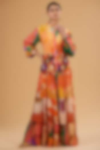 Multi-Colored Pure Crepe Digital Printed Tiered Dress by SIDDHARTHA BANSAL