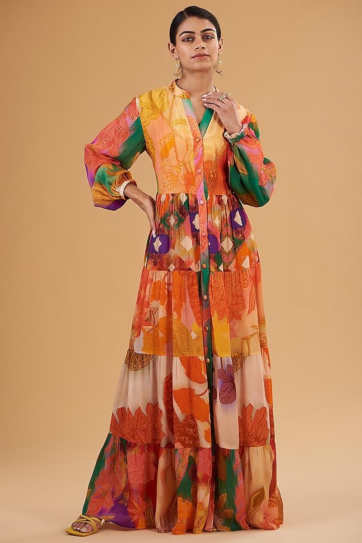 Multi-Colored Pure Crepe Digital Printed Tiered Dress by SIDDHARTHA BANSAL