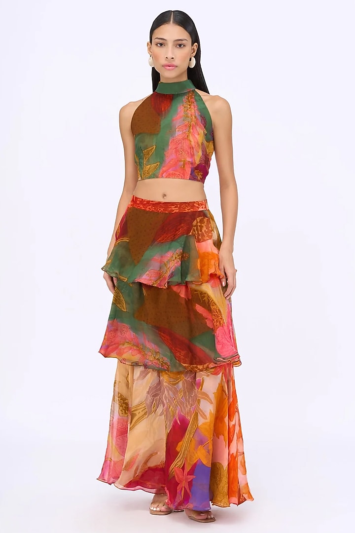 Multi-Colored Silk Organza Printed Layered Skirt Set by SIDDHARTHA BANSAL at Pernia's Pop Up Shop