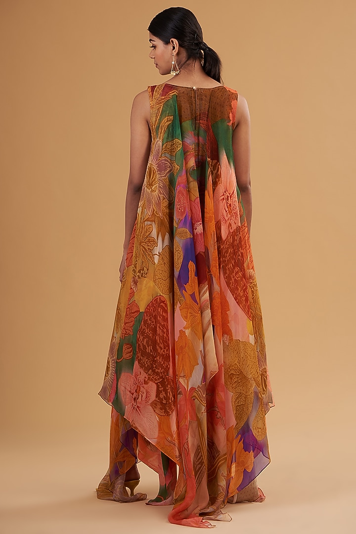 Multi-Colored Organza & Pure Crepe Digital Printed High-Low Vacation Dress by SIDDHARTHA BANSAL at Pernia's Pop Up Shop