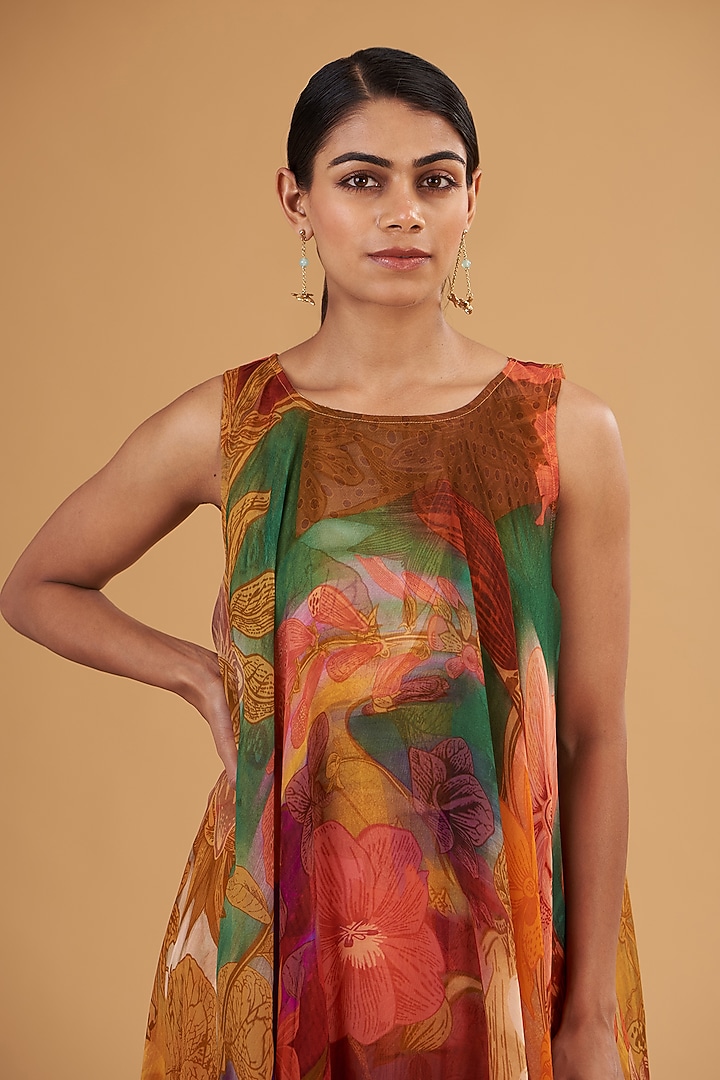 Multi-Colored Organza & Pure Crepe Digital Printed High-Low Vacation Dress by SIDDHARTHA BANSAL at Pernia's Pop Up Shop