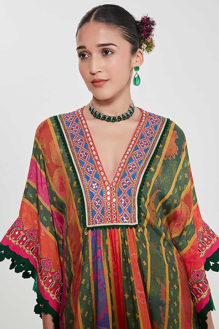 Mustard Orange Habutai Silk Mirror Hand Embroidered Kaftan Set by SIDDHARTHA BANSAL at Pernia's Pop Up Shop