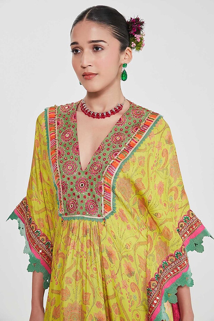 Yellow Habutai Silk Mirror Hand Embroidered Kaftan Set by SIDDHARTHA BANSAL at Pernia's Pop Up Shop