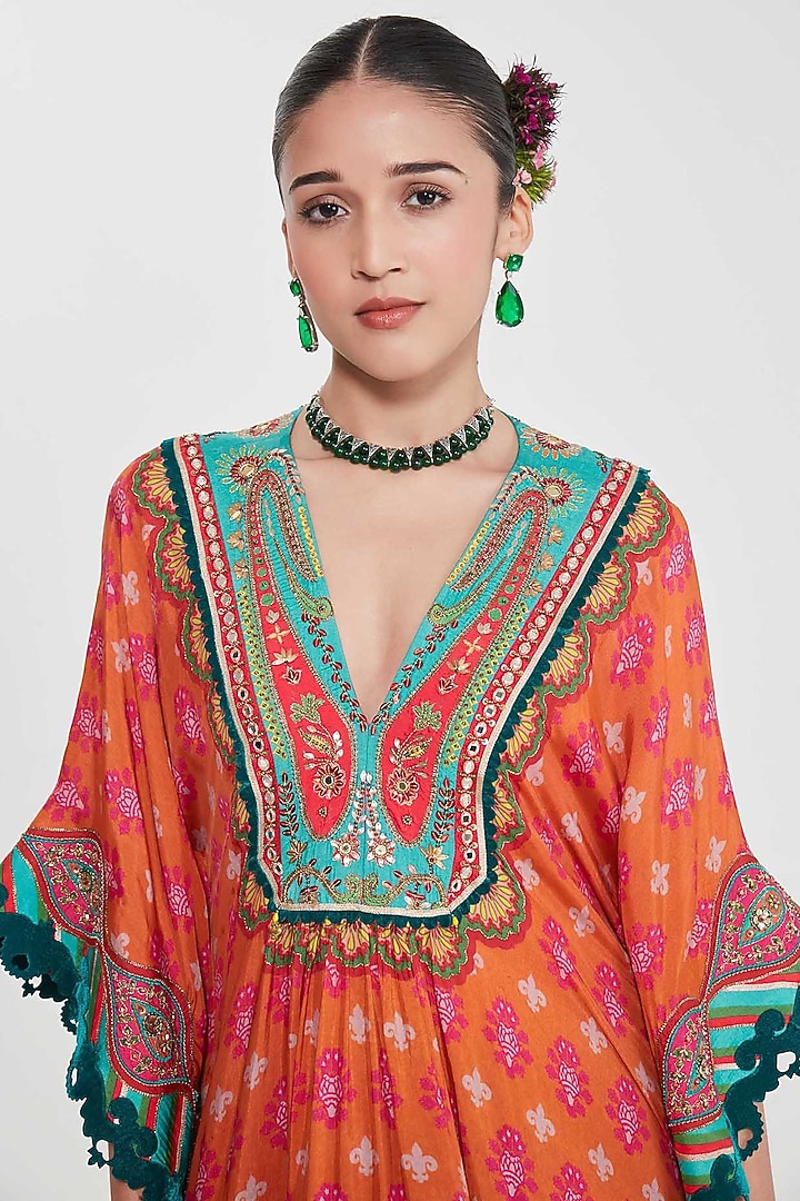 Rust Orange Habutai Silk Mirror Hand Embroidered Kaftan Set by SIDDHARTHA BANSAL at Pernia's Pop Up Shop