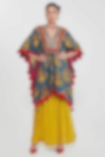 Prussian Blue Habutai Silk Paisley Printed & Hand Embroidered Kaftan Set by SIDDHARTHA BANSAL at Pernia's Pop Up Shop