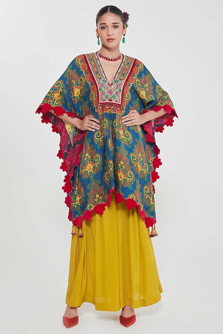 Prussian Blue Habutai Silk Paisley Printed & Hand Embroidered Kaftan Set by SIDDHARTHA BANSAL at Pernia's Pop Up Shop