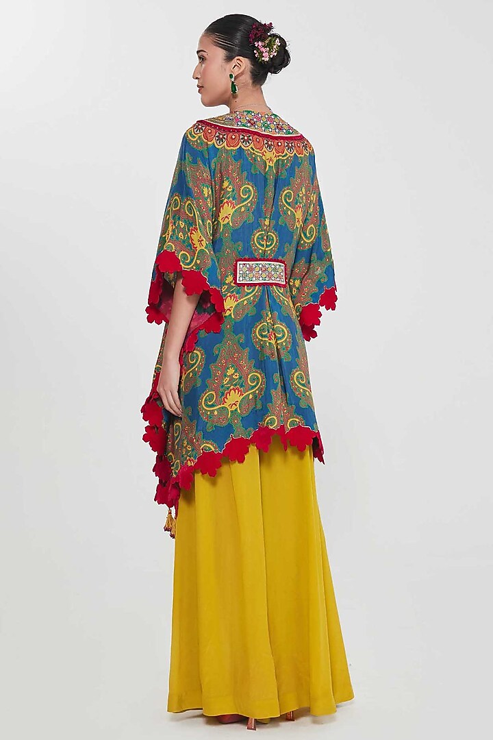 Prussian Blue Habutai Silk Paisley Printed & Hand Embroidered Kaftan Set by SIDDHARTHA BANSAL at Pernia's Pop Up Shop