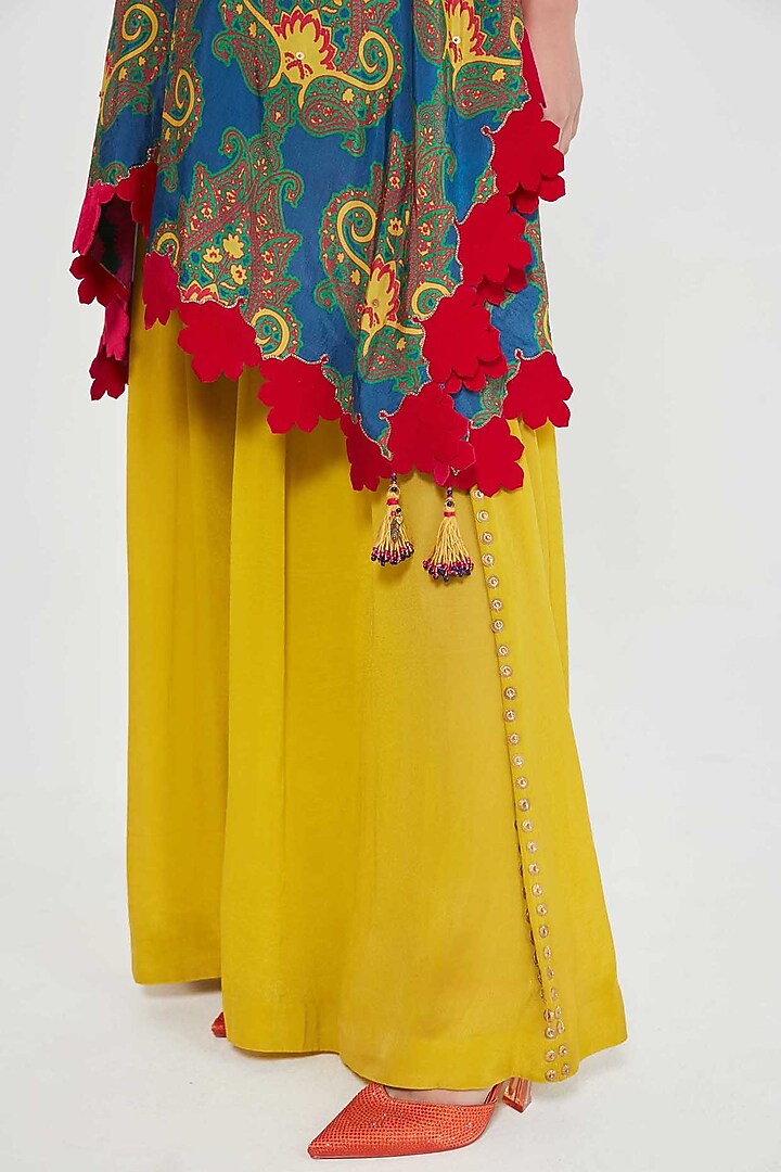 Prussian Blue Habutai Silk Paisley Printed & Hand Embroidered Kaftan Set by SIDDHARTHA BANSAL at Pernia's Pop Up Shop