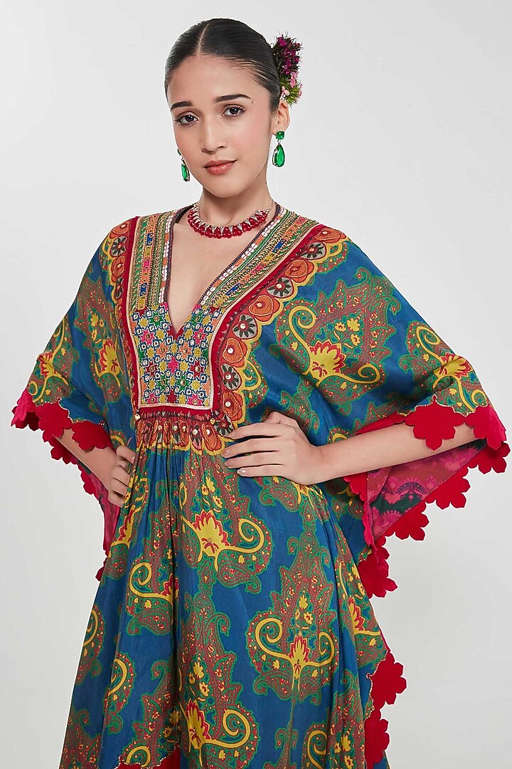 Prussian Blue Habutai Silk Paisley Printed & Hand Embroidered Kaftan Set by SIDDHARTHA BANSAL at Pernia's Pop Up Shop