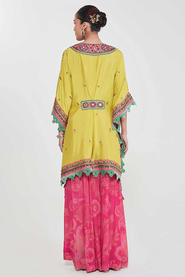 Yellow Habutai Silk Mirror Hand Embroidered Kaftan Set by SIDDHARTHA BANSAL at Pernia's Pop Up Shop