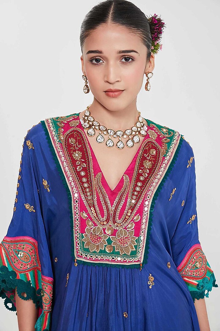 Ink Blue Habutai Silk Mirror Hand Embroidered Kaftan Set by SIDDHARTHA BANSAL at Pernia's Pop Up Shop