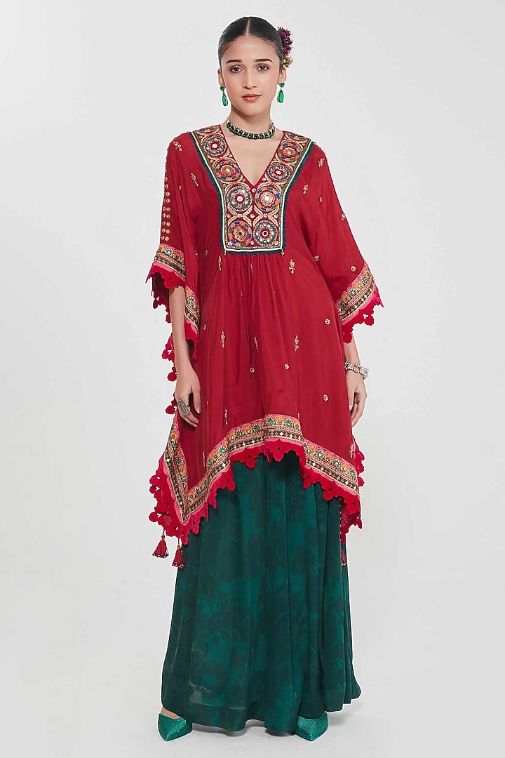Cherry Red Habutai Silk Mirror Hand Embroidered Kaftan Set by SIDDHARTHA BANSAL at Pernia's Pop Up Shop