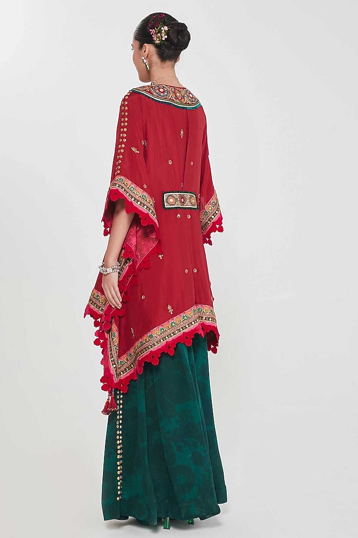 Cherry Red Habutai Silk Mirror Hand Embroidered Kaftan Set by SIDDHARTHA BANSAL at Pernia's Pop Up Shop